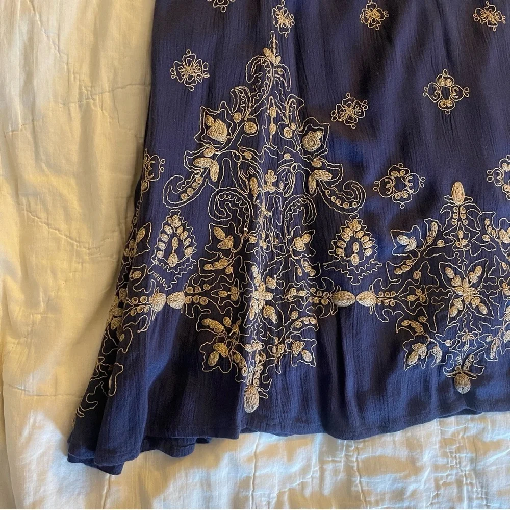 Free People Embroidered Oversize Navy Bell Sleeve Mini Dress Size XS Pockets